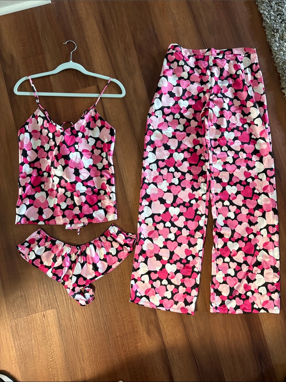 Frederick's of Hollywood Pink & Black Heart Print 3-Piece Pajama Set